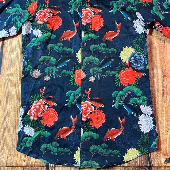 7 Downie St Button Up Shirt Mens Size 3 Medium Koi Fish All Over Print Stretch - Picture 2 of 9